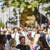 Students on Temple's Main Campus who are smiling and walking to class