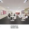 Concept rendering of a communal space with seating areas, a thrift store, and counter seats
