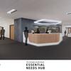 Concept rendering of Temple University's Essential Needs Hub with a front desk, seating areas, and a pantry.